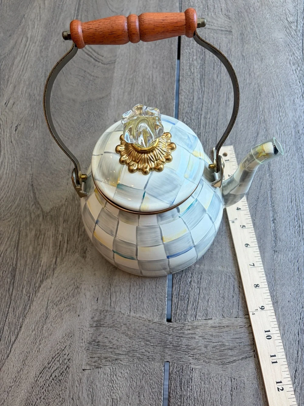 MacKenzie-Childs Sterling Check Enamel Tea Kettle 3 Quart - NEW without box
